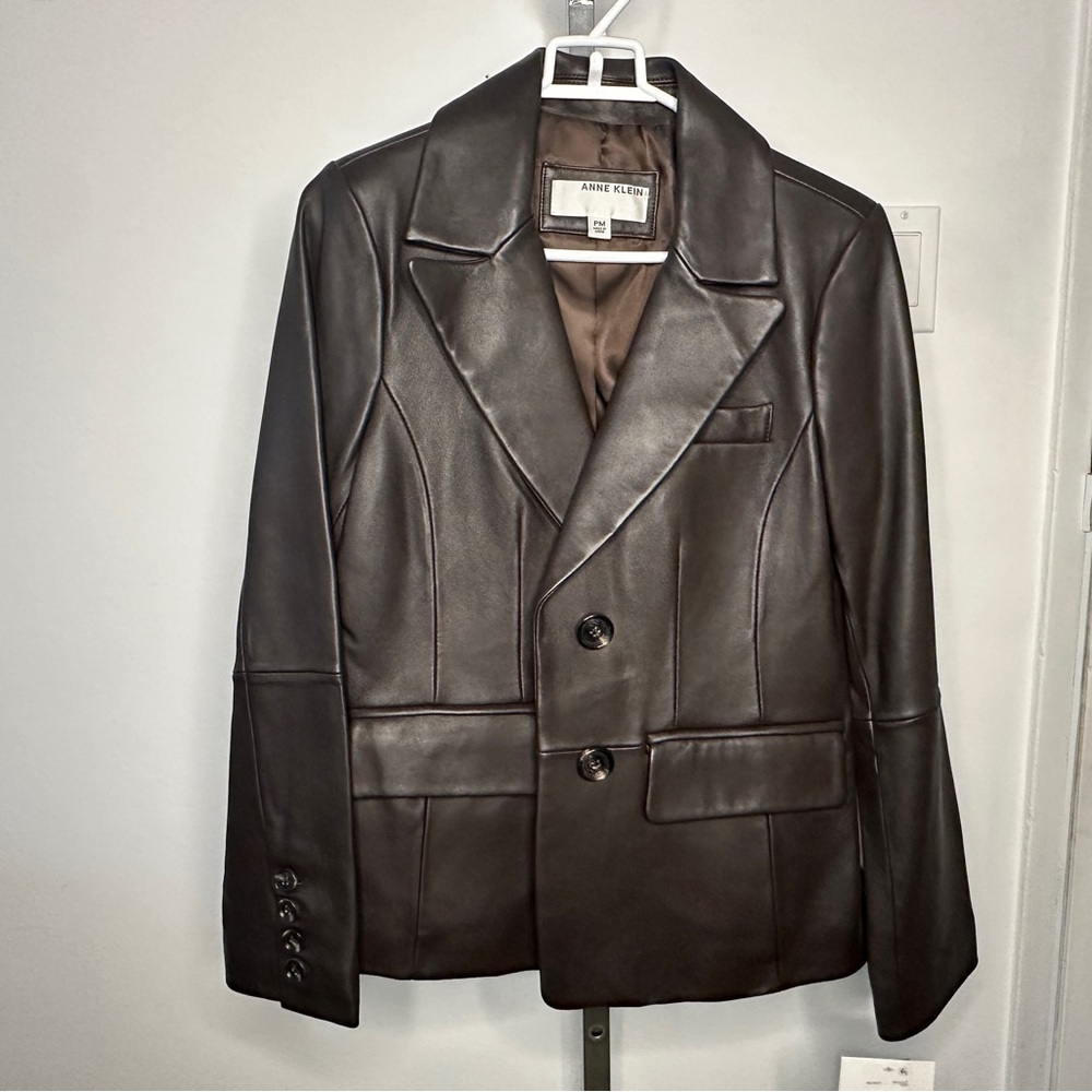 Anne Klein Dark Brown Leather Double-Breasted Blazer